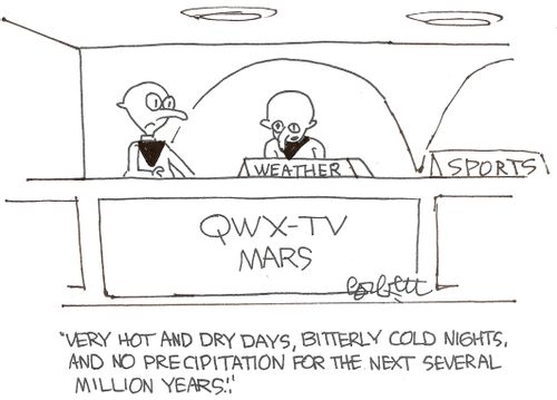 (Mars weather): 'Very hot and dry, bitterly cold nights, ad no precipitation for the next several million years.'