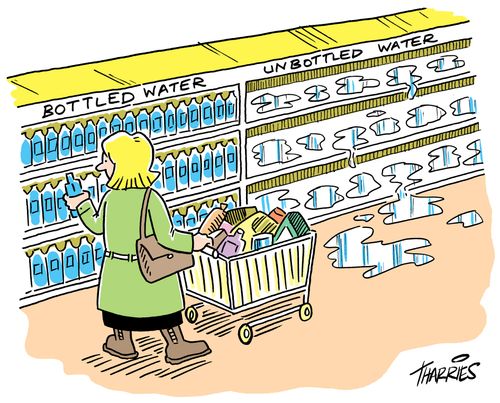Unbottled water is for sale next to bottled water in supermarket aisle.