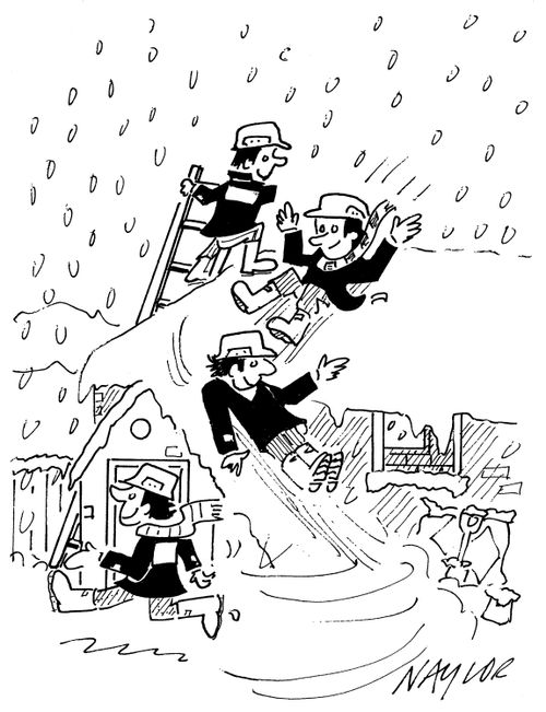 Kids sliding down the roof of a house.