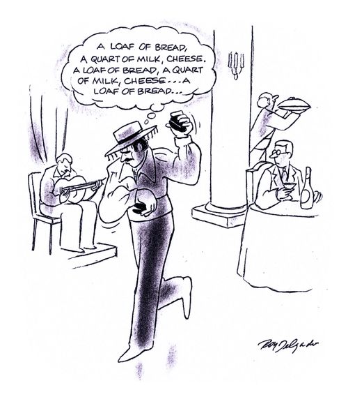 'A loaf of bread, a quart of milk, cheese. A loaf of bread, a quart of milk, cheese... a loaf of bread...'