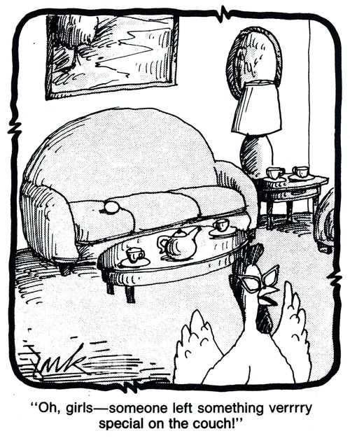 'Oh, girls - someone left something verrry special on the couch.'