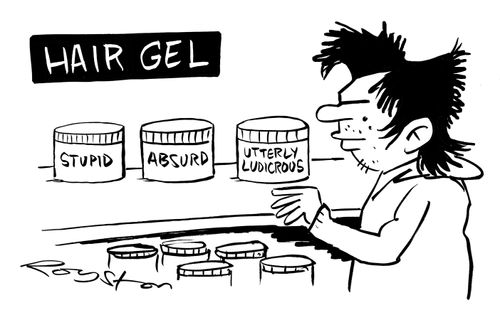 Youth with extravagant hairstyle shops for hair gel. Varieties available: Stupid, Absurd and Utterly Ludicrous.
