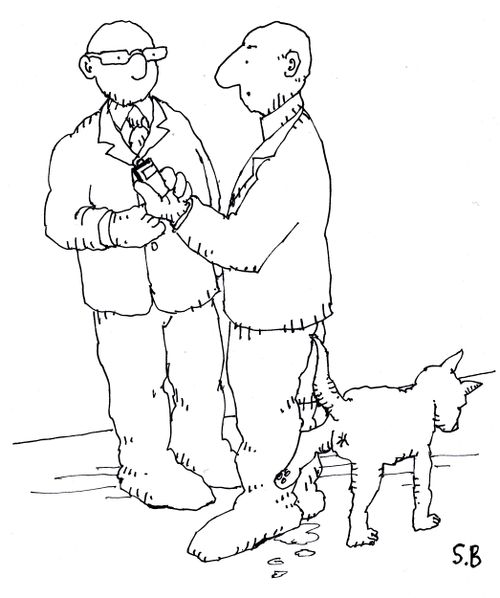 Dog marking its territory on man's leg.