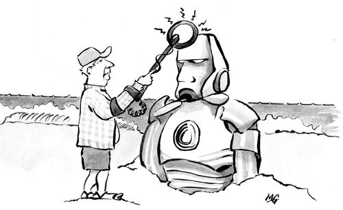 Man with a metal detector who finds iron man at the shore.