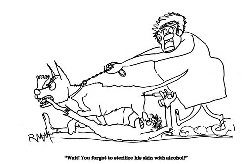 'Wait!  You forgot to sterilize his skin with alcohol!'