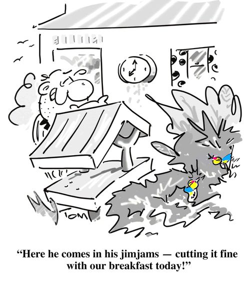 'Here he comes in his jimjams - cutting it fine with out breakfast today!'