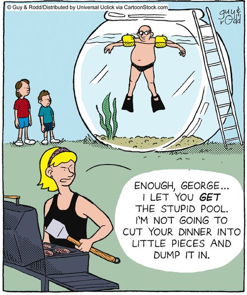 'Enough, George... I let you get the stupid pool. I'm not going to cut your dinner into little pieces and dump it in.'