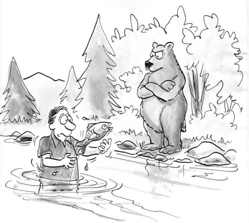 Bear watching a man trying to fish bear style.