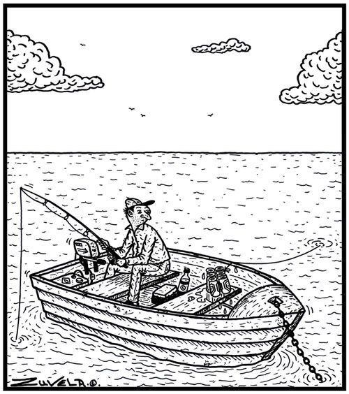 A Fish using a six pack of beer to catch a fisherman.