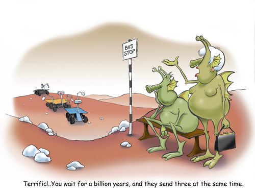 'Terrific!... You wait for a billion years, and they send three at the same time.'