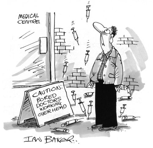 Cautions: Bored Doctors Working Overhead