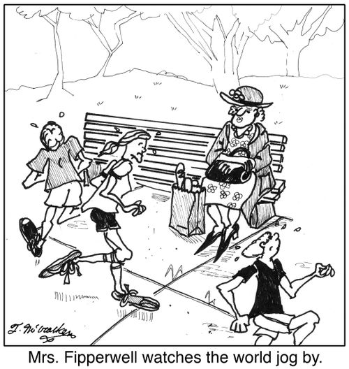 'Mrs. Fipperwell watches the world jog by.'