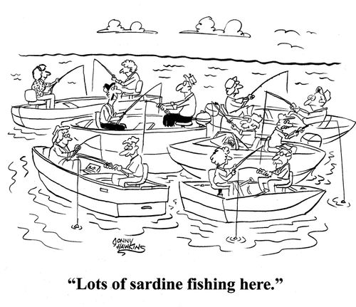 Fisherman to other man re: boats everywhere: 'Lots of sardine fishing here.'