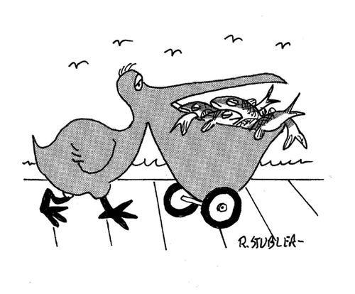Pelican with wheels on it's beak.