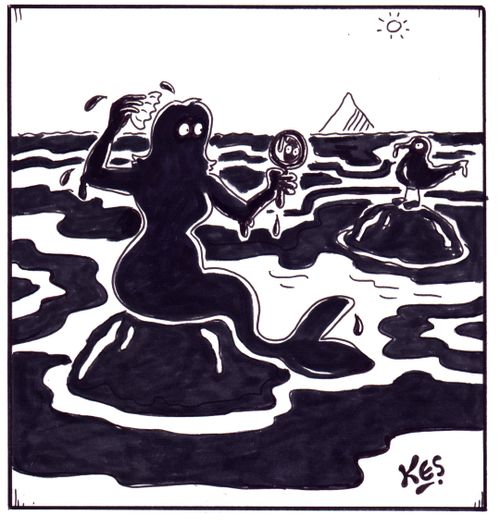 Mermaid sits on rock in the middle of an oil spill.