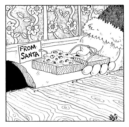 Santa leaving a mousetrap outside mouse hole as a gift