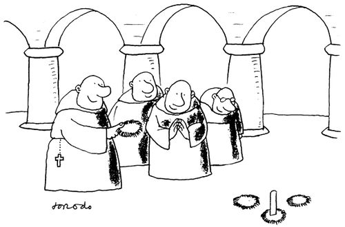 Monks using their hair to play toss the ring game