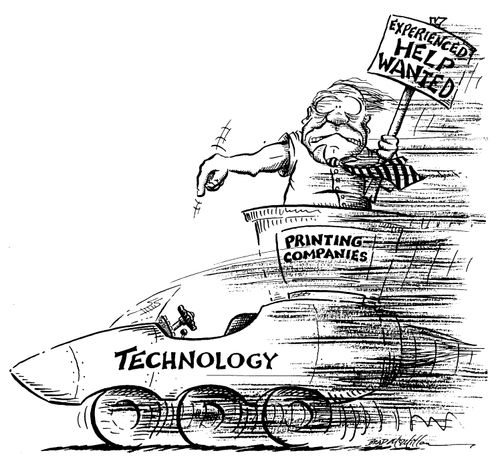 'Printing companies' in passenger seat of fast moving 'Technology' advertising for help in the driving department
