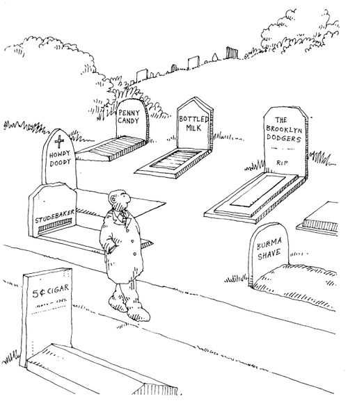 Gravestones showing 'bottled milk' 'penny candy' etc