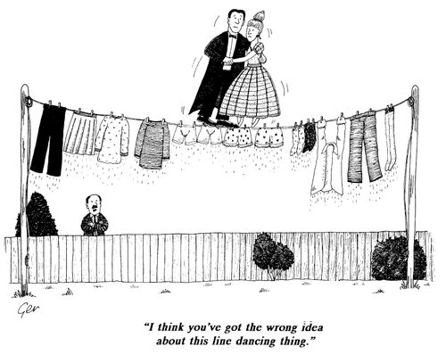 Couple dancing on washing line, "I think you've got the wrong idea about this line dancing thing"