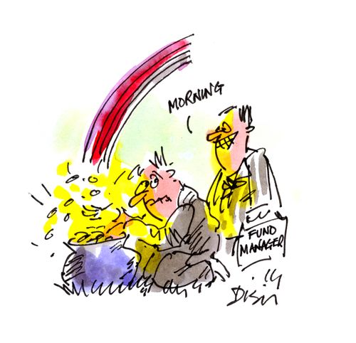 Fund manager greeting a man who has found a pot of gold at the end of a rainbow.