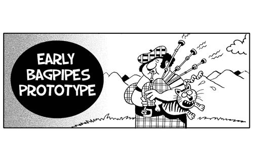 Early bagpipes prototype show Scottish man playing a wailing cat.