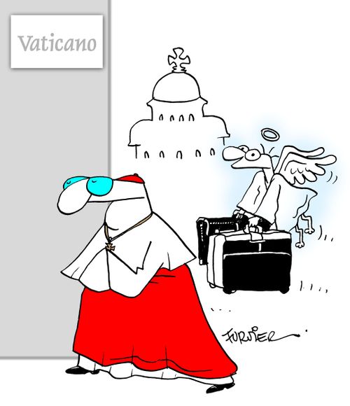 The Pope's bags getting carried by an angel.