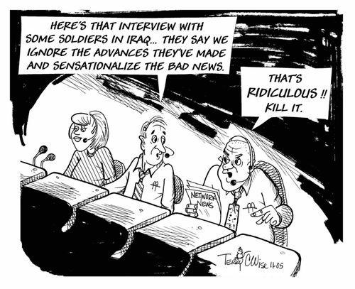 "Here's that interview with some soldiers in Iraq...they say we ignore the advances they've made and sensationalize the bad news."  "That's ridiculous! Kill it!"