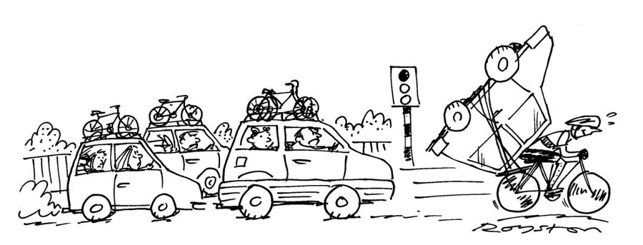 Cars with cycles on roof are overtaken by cyclist with car on his back.