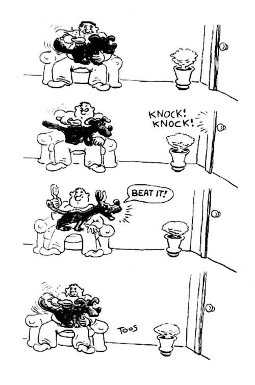 Knock on the door - dog stands up and shouts 'Beat it!'