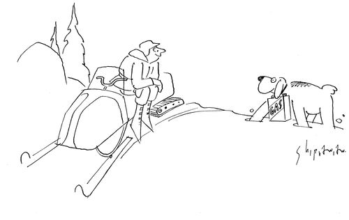 Rescue Dog brings Gas to the Snowmobile. 