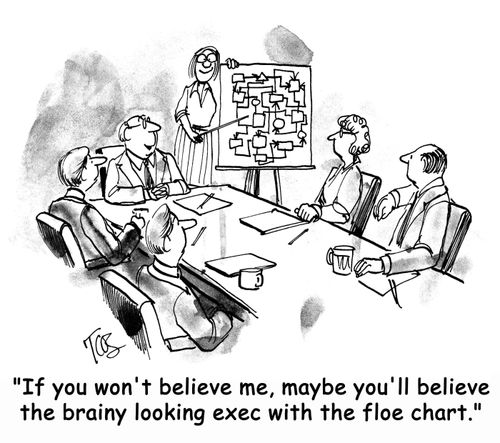 'If you don't believe me, maybe you'll believe the brainy looking exec with the floe chart.'