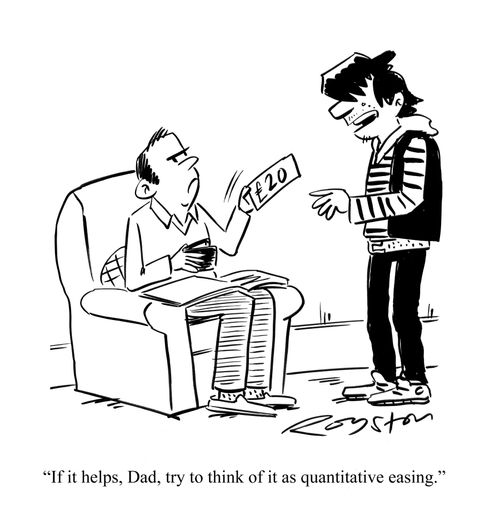 Dad hands over money to young son who says: 'If it helps, Dad, try to think of it as quantitative easing.'