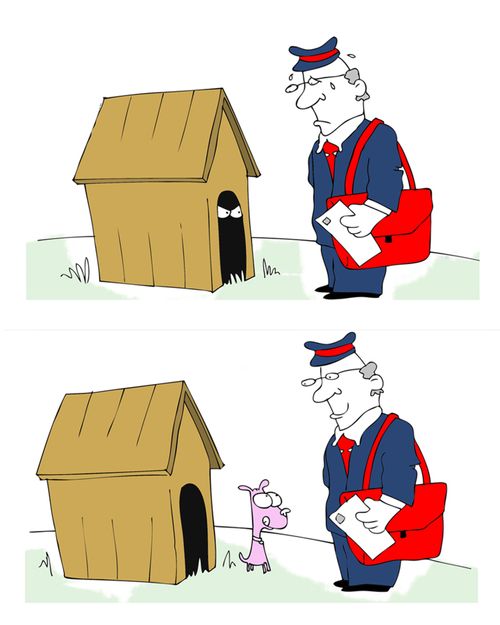 Postman worries that there is a big dog in the doghouse - turns out to be a small dog with big eyes...