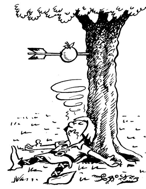 Serf faints as apple is shot from his head by an arrow.