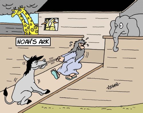 Noah loading stubborn mule onto ark.