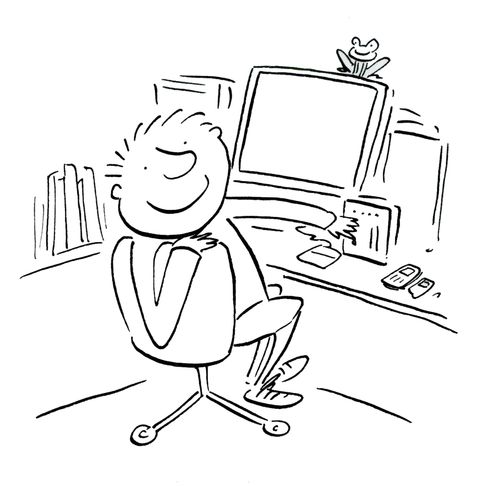 At the computer.