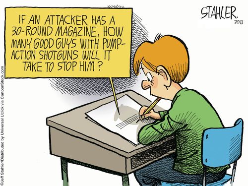 If an attacker has a 30-round magazine, how many good guys with pump-action shotguns will it take to stop him?