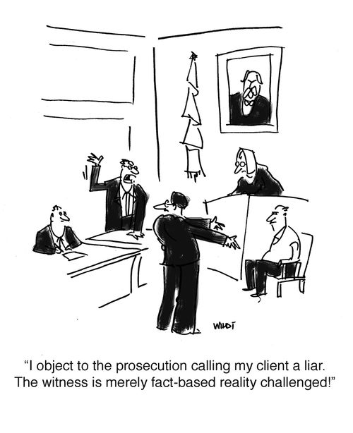 'I object to the prosecution calling my client a liar. The witness is merely fact-based reality challenged.'