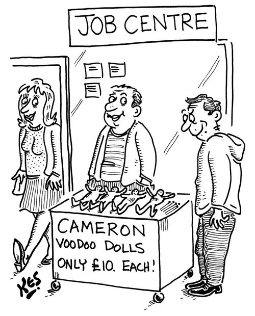 A man is selling, 'Cameron voodoo dolls', outside of job centre.