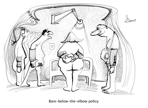 A drawing illustrating 'bare-below-elbow' policy.