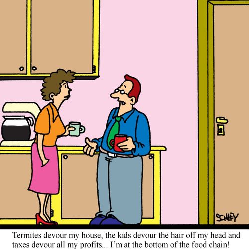 'Termites devour my house, the kids devour the hair off my head and taxes devour all my profits... I'm at the bottom of the food chain'!