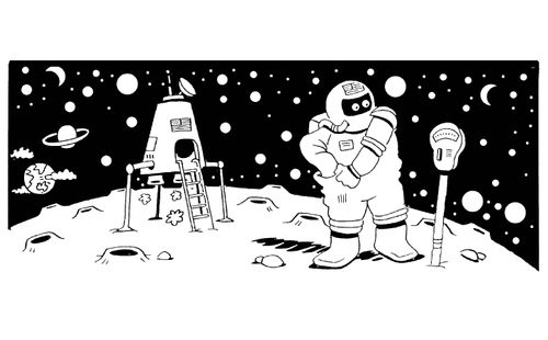 Spaceman paying the meter for parking his spaceship.