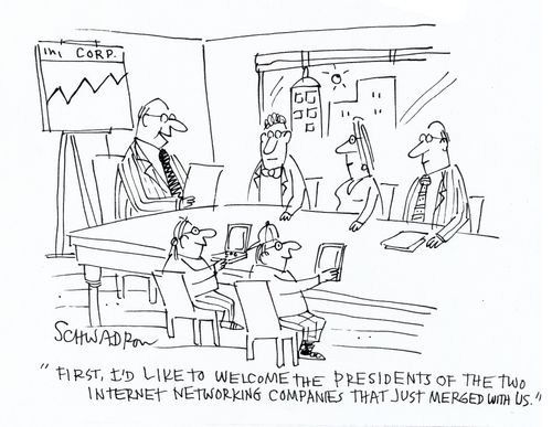 'First, I'd like to welcome the presidents of the two internet networking companies that just merged with us.'