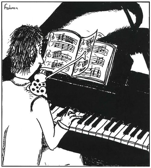 A pianist uses a frog as a page turner.