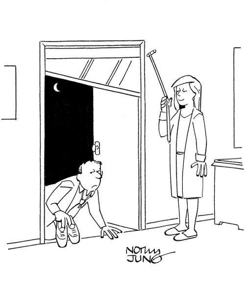 Wife uses guillotine to trap husband sneaking in late at night.