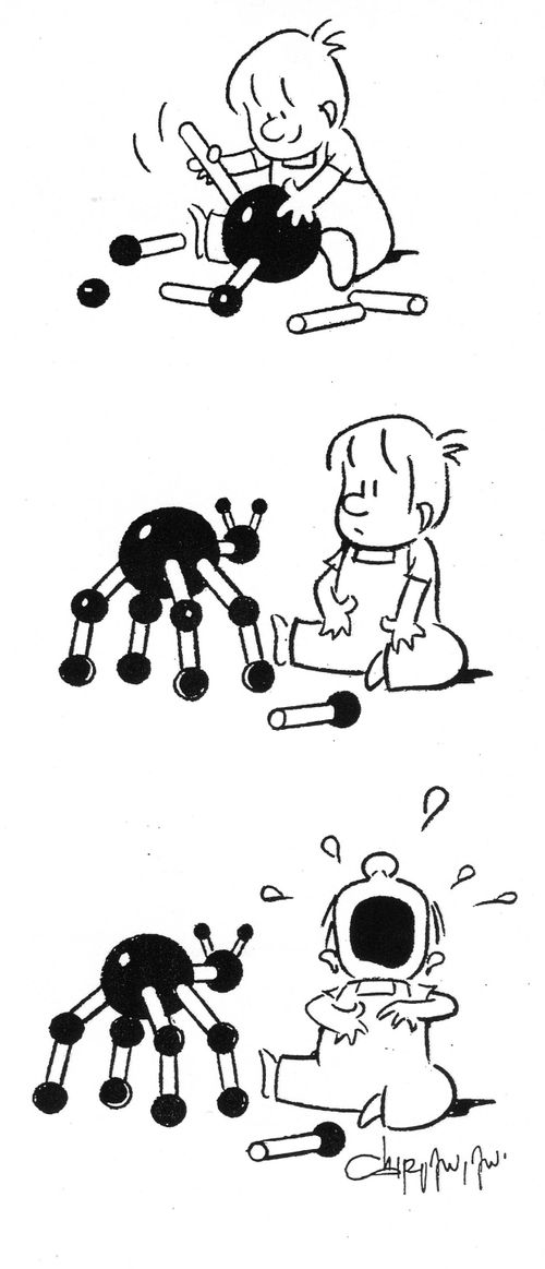 Child makes a toy and frightens himself.
