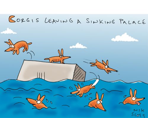 Corgis Leaving a Sinking Palace.