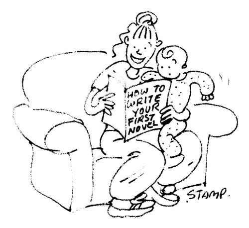 Mother reading baby 'How to write your first novel'