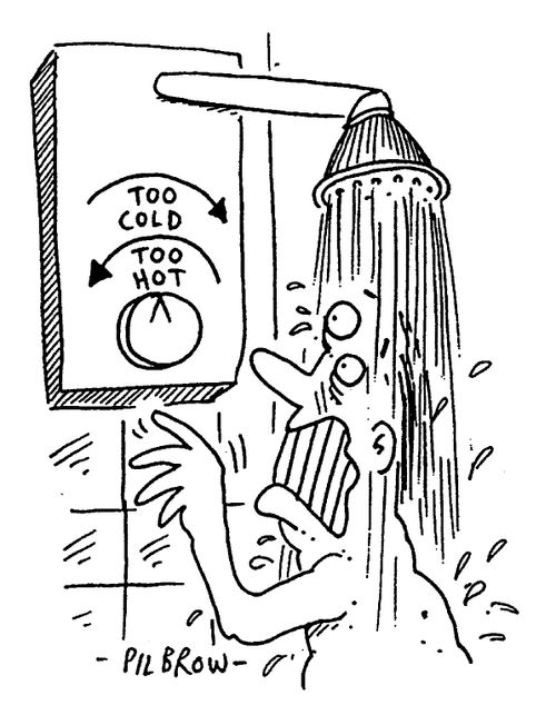 Man in Shower, "Too hot, too cold."